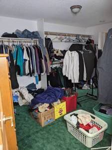 lot 93 image: The WHOLE Closet  With Wooden Dresser and Various Sized Mens, Womens and Children Clothes, Shoes and Hats