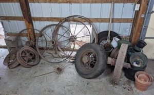 lot 47 image: Vintage Pile of TractorWagon Rims, Tires and Wheels