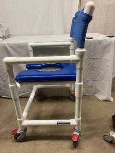 lot 7 image: MSRP $400 IPU&nbspMidsize Open Front Soft Seat&nbspBathroom Shower Commode&nbspChair&nbsp&nbspDesigned For A Larger&nbspPatient&nbsp350lb Capacity With Locking Wheels - Like New Condition