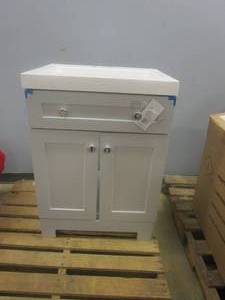 lot 262 image: Glacier Bay Everdean 24.50 in. W x 18.75 in. D Bath Vanity in Pearl Gray with Cultured Marble Vanity Top in White with White Basin (BOTTOM SIDES DAMAGED, DOORS DO NOT ALIGN, SEE PHOTOS)