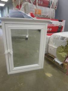 lot 264 image: Home Decorators Collection Fremont 24 in. W x 30 in. H Framed Rectangular Beveled Edge Bathroom Vanity Mirror in White (TOP HAVE SOME SCUFFS, OTHERWISE NICE CONDITION)