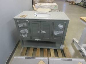 lot 298 image: Home Decorators Collection Hamilton 43 in. W x 22 in. D x 35 in. H Open Shutter Bathroom Vanity in Sea Glass with Grey Granite Top (VERY NICE CONDITION)