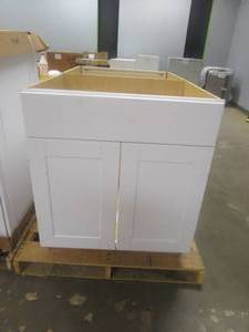 lot 319 image: Hampton Bay Shaker Satin White Stock Assembled Sink Base Kitchen Cabinet (30 in. x 34.5 in. x 24 in.) (SCUFFS ON DOOR FRONT)