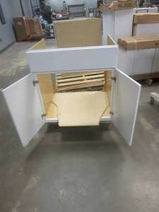 lot 320 image: Hampton Bay Shaker Satin White Stock Assembled Sink Base Kitchen Cabinet (30 in. x 34.5 in. x 24 in.) (BACK PANEL BROKEN BOTTOM, FRONT PANEL BROKEN)