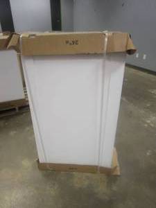 lot 322 image: Hampton Bay Shaker Satin White Stock Assembled Wall Kitchen Cabinet (24 in. x 42 in. x 12 in.) (HOLE IN BACK OF CABINET, CHIP ON BOTTOM CORNER)
