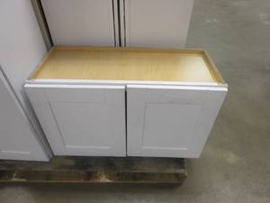 lot 326 image: Hampton Bay Shaker Satin White Stock Assembled Wall Bridge Kitchen Cabinet (30 in. x 18 in. x 12 in.) (SCUFFS ON DOOR)