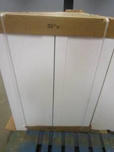 lot 328 image: Hampton Bay Shaker Satin White Stock Assembled Wall Kitchen Cabinet (30 in. x 42 in. x 12 in.) (NICE CONDITION)