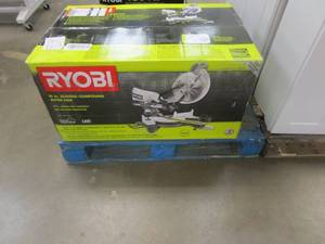 lot 331 image: RYOBI 15 Amp 10 in. Corded Sliding Compound Miter Saw with LED Cutline Indicator (BOX LOOKS UNOPENED)