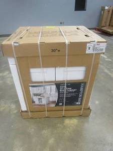 lot 324 image: Hampton Bay Shaker Satin White Stock Assembled Sink Base Kitchen Cabinet (30 in. x 34.5 in. x 24 in.) (NICE CONDITION)