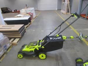 lot 408 image: RYOBI ONE HP 18V Brushless 16 in. Cordless Battery Walk Behind Push Lawn Mower with (1) 4.0 Ah Battery and (1) Charger (NICE CONDITION)