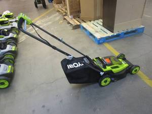 lot 410 image: RYOBI ONE 18V 13 in. Cordless Battery Walk Behind Push Lawn Mower with Battery and Charger (NICE CONDITION)
