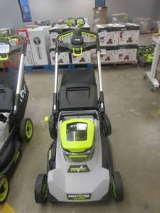 lot 415 image: RYOBI 40V HP Brushless 21 in. Cordless Battery Walk Behind Dual-Blade Self-Propelled Mower (TOOL ONLY, TURNS ON, WHEEL VERY BENT, CAN NOT PUSH MOWER FORWARD)