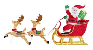 lot 36 image: Home Accents 8.5 ft Yuletide Lane Giant-Sized LED Santas Sleigh with Two Reindeers Yard Sculpture, 1005416765 - SOLD AS IS