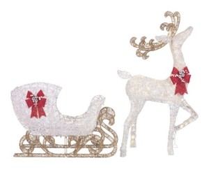 lot 43 image: Home Accents Polar Wishes 60 in. Life Size White Christmas Deer with Sleigh Yard Decoration with LED Lights, 1004245821 - SOLD AS IS