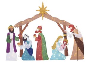 lot 62 image: Home Accents 62 in. Christmas Warm White LED Tinsel Nativity Scene, 1004391989 - SOLD AS IS