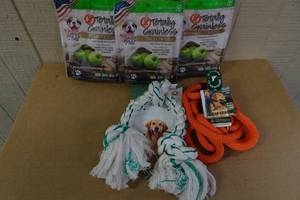 lot 119 image: 3 Packs Meaty Chew Bones with Mendota Pet Leash and Fresh N Floss Rope