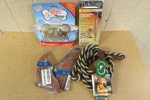 lot 124 image: Assorted Dog -Slow Feeder, Leash, Tick Tweezers, Pigs Ears