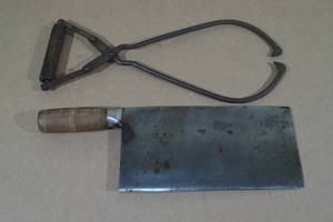 lot 178 image: Vintage Meat Cleaver with Meat Grabber - Carbon Steel Blade