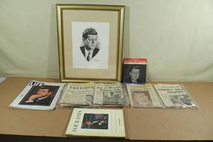 lot 194 image: John F. Kennedy Framed Sketch plus Newspapers, Magazines, and Memorial Record