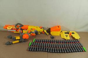 lot 210 image: Nerf Vulcan EBF-25 Battery Operated Dart Blaster with Tripod and Ammo Belts