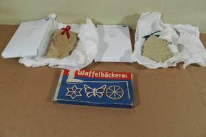 lot 218 image: Santa Claus and Christmas Tree Cookie Molds with Vintage Waffelbackerei Cast Iron Molds