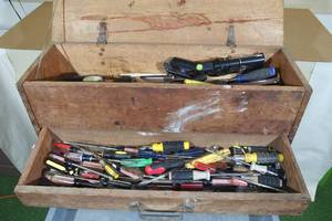 lot 225 image: Vintage Handmade Wood Tool Box with Assorted Tools - Some Craftsman