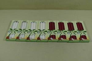 lot 231 image: 8 Packs 9 Dripless Tapers Coconut Wax Blends -White and Maroon Candles