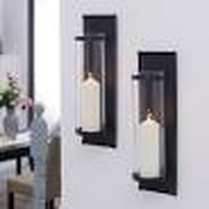 lot 145 image: Metal Pillar Candle Sconces with Glass Inserts - Set of 2