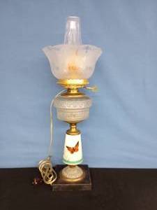 lot 12 image: Antique Hand Painted Composite Electrified Lamp with Etched Glass Shade