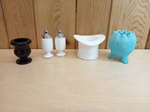 lot 26 image: Vintage Fenton Blue Satin Rose Bowl Candy Dish, Button and Daisy Top Hat, Milk Glass Salt and Pepper Shakers