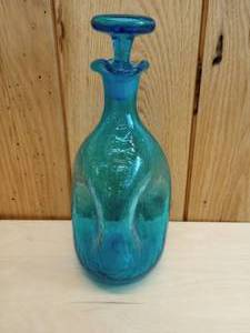 lot 28 image: Vintage Blenko Hand Blown Blue Crackle  Glass Pinch Decanter Bottle with Stopper