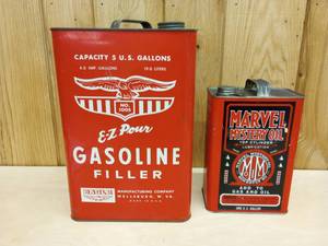 lot 38 image: Vintage 5 Gallon Eagle E-Z Pour Three Sided Pour Gasoline Filler Can and Marvel Mystery 1 Gallon Oil Can