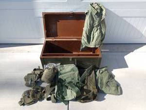 lot 48 image: Vintage Wood Army Tool Chest with Army Clothes, and Accessories