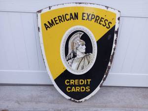 lot 69 image: Vintage Double Sided Painted Metal American Express Credit Card Sign
