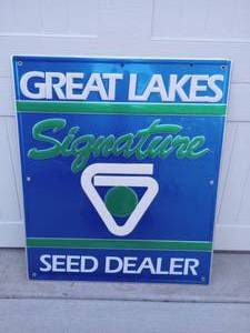 lot 71 image: Vintage Aluminum Double Sided Great Lakes Signature Seed Dealer Sign