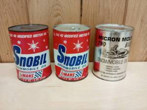 lot 101 image: Vintage Snobil and Micron Moly Sno Bile 1 Quart Snowmobile Oil Cans