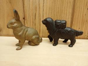 lot 123 image: Antique Cast Iron Rescue Dog, and Rabbit Coin Bank