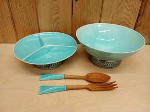 lot 145 image: Vintage MCM Turquoise Salad Bowl, Relish Dish, and Salad Utensils Set