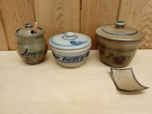 lot 159 image: Vintage Rowe Pottery Works Covered Butter Dishes, and Covered Honey Jar.