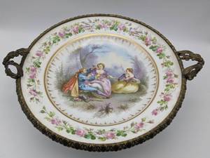 lot 2 image: Sevres Hand Painted Porcelain Charger  Plate & Ornate Footed Bronze Circa 1753