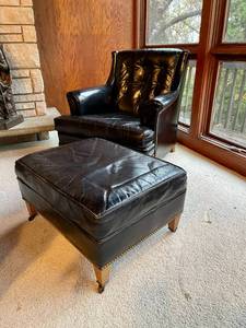 Vintage Heritage Furniture Tufted Black Leather Parlor Armchair & Ottoman