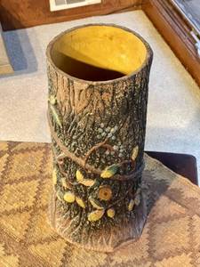Vintage Terracotta Hand Painted Pottery Tree Trunk Umbrella Stand
