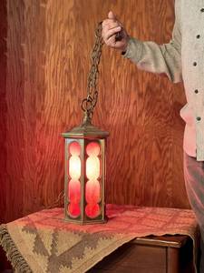 Vintage  Hanging Lamp Brass with Red Glass Panes