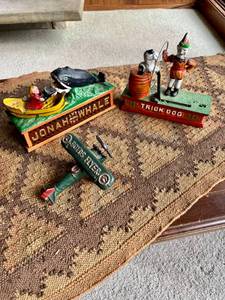 2 Vintage Style Cast Iron Mechanical Banks &amp Toy Plane