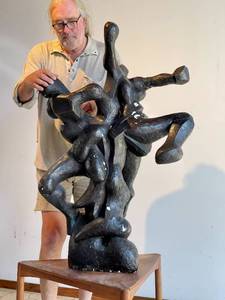 Large Mid Century Black  Abstract Rebar &amp Plaster Figural Sculpture - 1960s