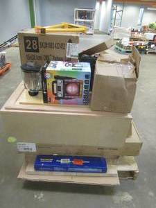 lot 101 image: Large WholesaleSalvage Pallet from left-over Retail Items (Deck Box, Furniture, Small Housewares, Building Materials and More).  Items may be in various conditions, Working and non-working, scratcheddented, Missing parts or be in nice condition.