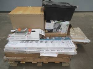lot 102 image: Large WholesaleSalvage Pallet from left-over Retail Items (Furniture, Building Materials and More).  Items may be in various conditions, Working and non-working, scratcheddented, Missing parts or be in nice condition.