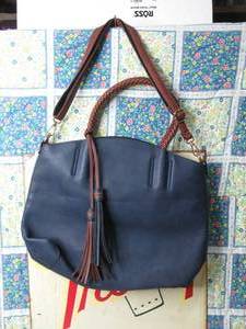 Kate & Mallory� Faux Leather Woven Handle Tassel Detailed Satchel-Navy Blue