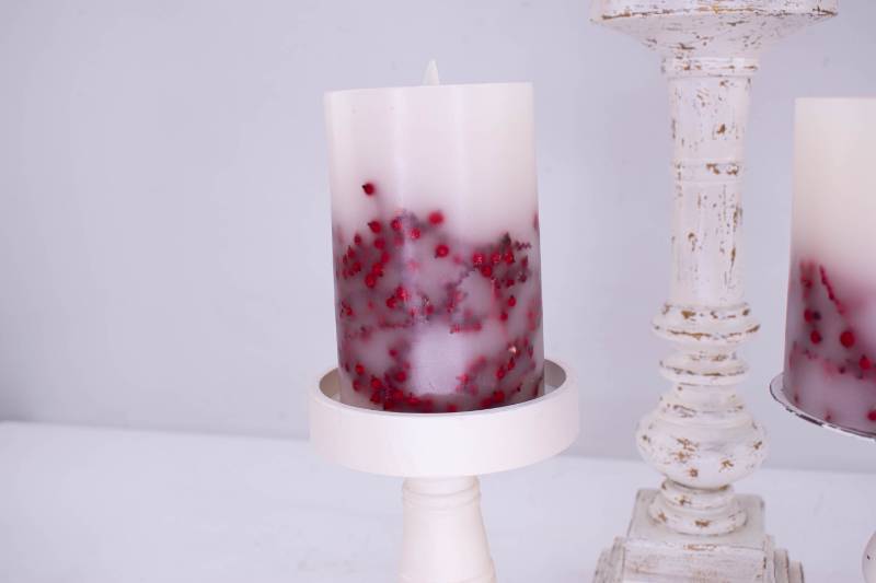 lot 202 image: 3 Flameless Pressed Berry Candles with White Holders