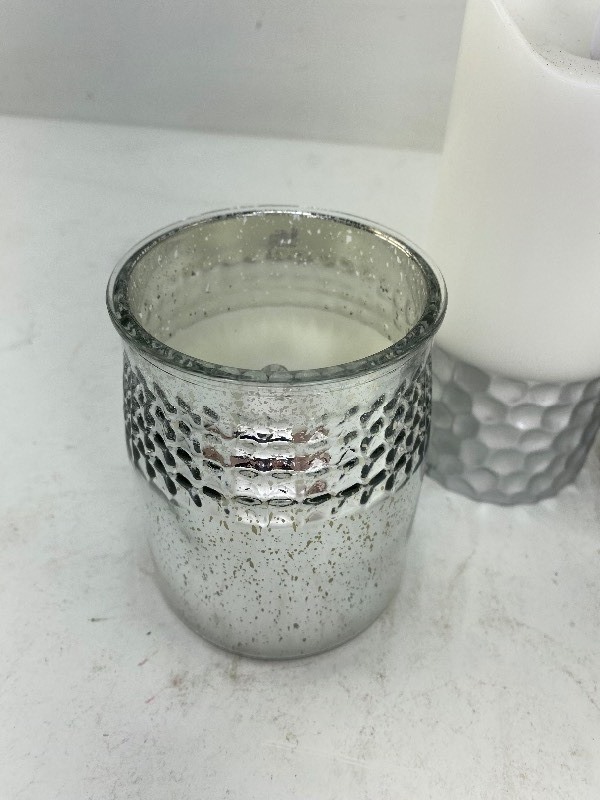 lot 203 image: 4 Flameless Pillar Candles with Silver Metal Decoration